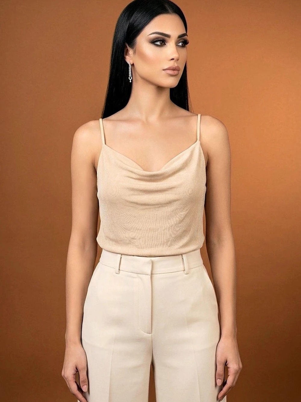 POL Beige Cowl Neck Cami Tank Top